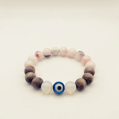 The Evil Eye Wood Bracelet:  Moon Opalite and Rose Quartz Bead