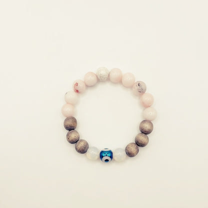 The Evil Eye Wood Bracelet:  Moon Opalite and Rose Quartz Bead