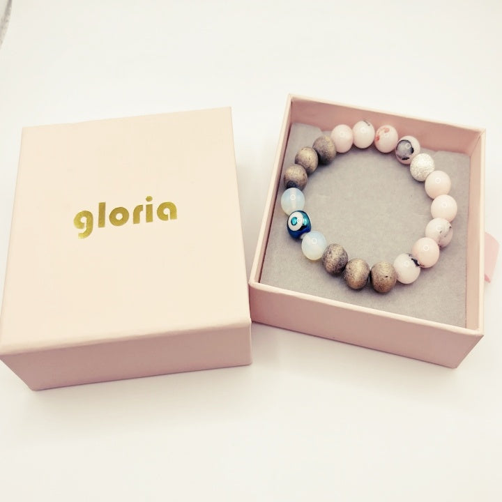 The Evil Eye Wood Bracelet:  Moon Opalite and Rose Quartz Bead